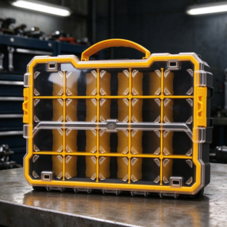 Yellow and Black Transparent Compartmentalized Parts Organizer – Portable Hardware Storage Case