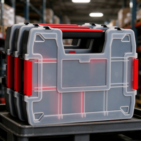 Grey-and-Red Stackable Parts Storage System – Modular Multi-Layer Tool Organizer