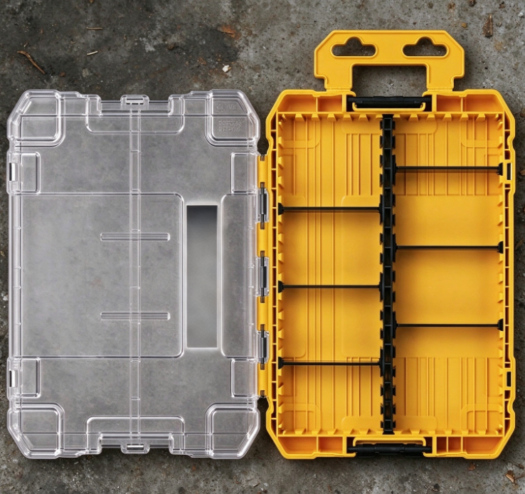 Yellow-and-Black Hinged Parts Organizer – Adjustable Compartment Storage Box - Image 2