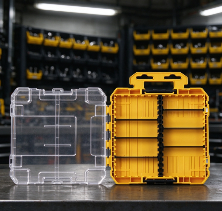 Yellow-and-Black Hinged Parts Organizer – Adjustable Compartment Storage Box