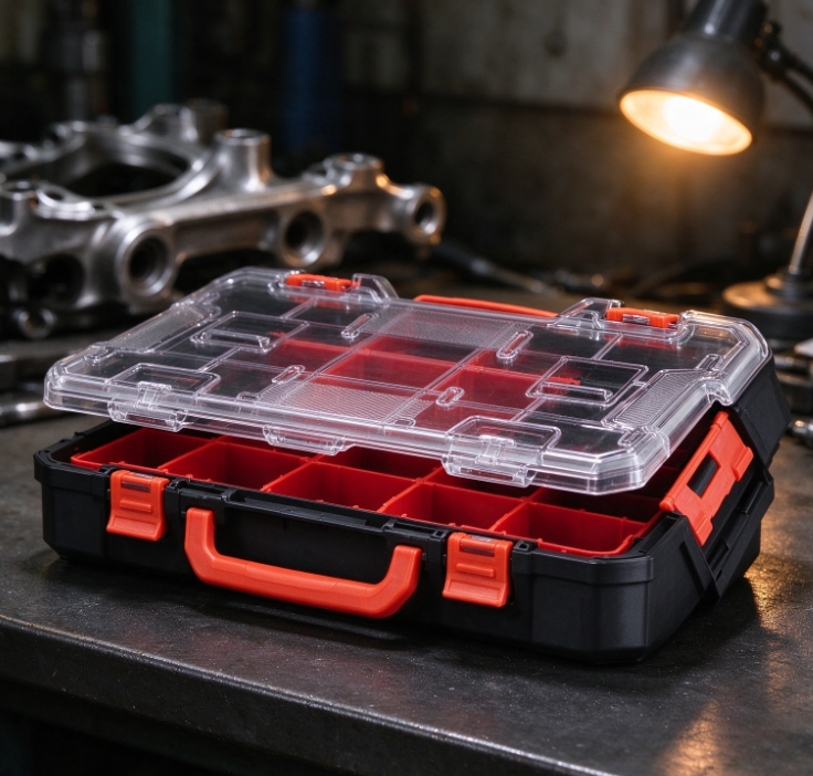 Industrial-Grade Compartmentalized Parts Organizer (Red/Black with Transparent Lid) - Image 2