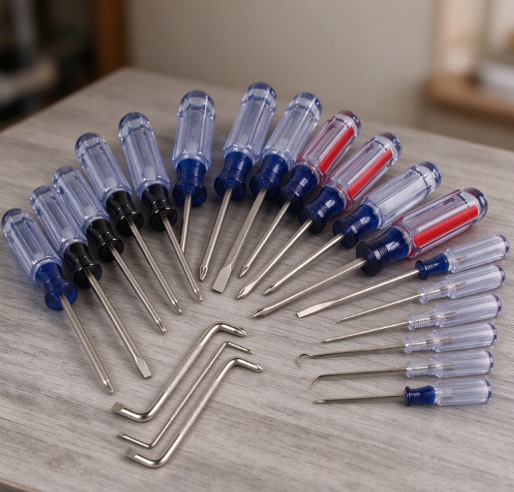 Multi-Specification Screwdriver Set with Transparent Handles – Slotted, Phillips, and Angled Drivers