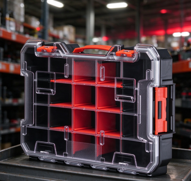 Industrial-Grade Compartmentalized Parts Organizer (Red/Black with Transparent Lid)
